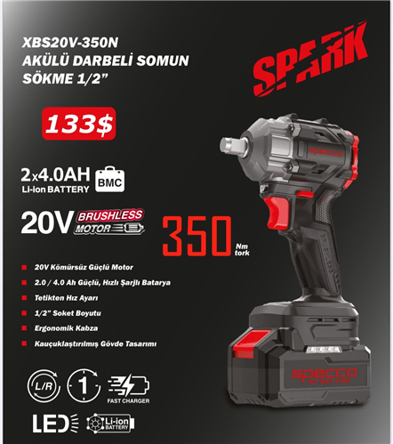 SPECCO SPARK AKÜLÜ DARBELİ SOMUN SÖKME 350 NM4,0 AH 20 V